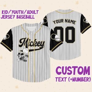 Personalized White & Gold Mickey Jersey, Black Sleeve Pinstripe Shirt