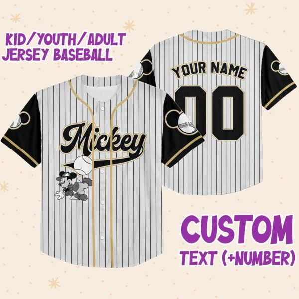 Personalized White & Gold Mickey Jersey, Black Sleeve Pinstripe Shirt