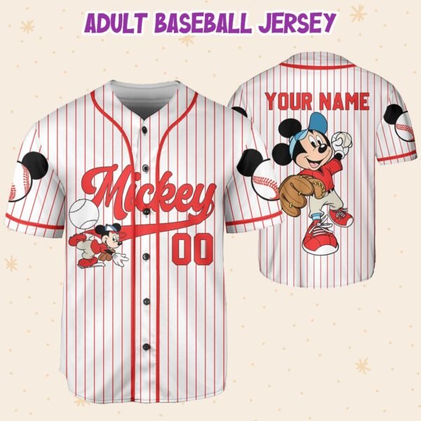 Custom Name Mickey Mouse Jersey Red Pinstripe Baseball Jersey - Image 4