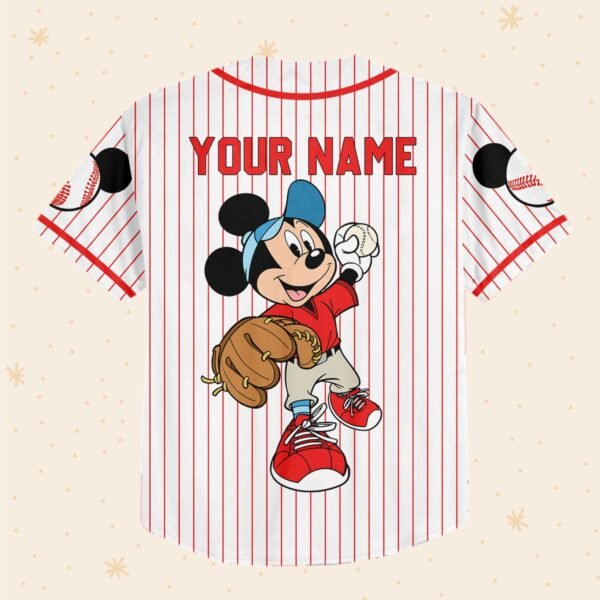 Custom Name Mickey Mouse Jersey Red Pinstripe Baseball Jersey - Image 6