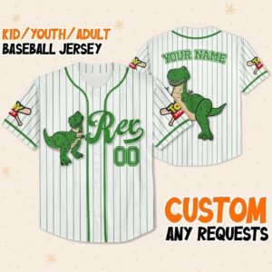 Custom Disney Toy Story Rex Baseball Jersey, T Rex Birthday Jersey Shirt