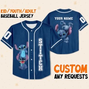 Personalized Stitch & Angel Dark Blue Baseball Jersey