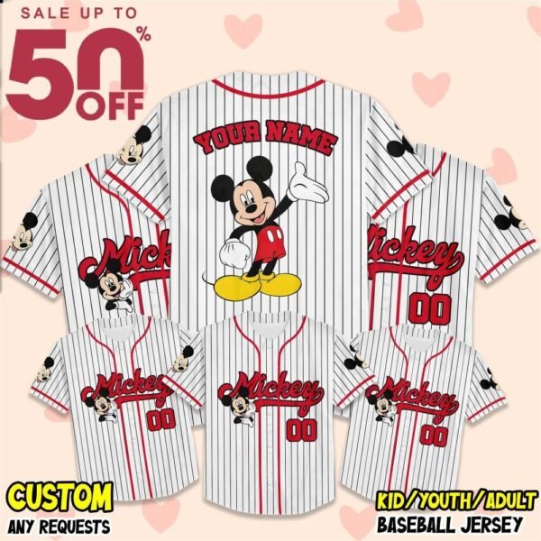 Personalize Disney Mickey Mouse Cute Striped White Baseball Jersey