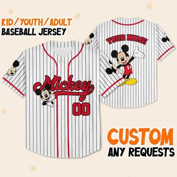 Personalize Disney Mickey Mouse Cute Striped White Baseball Jersey - Image 4