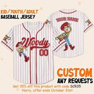 Custom Name Disney Toy Story Woody Baseball Jersey, Woody Birthday Jersey Gift