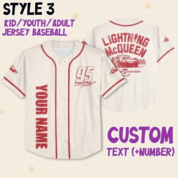 Lightning McQueen White Baseball Jersey – Custom Name & Number Disney Cars Shirt